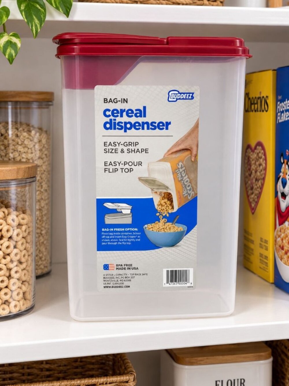 Buddeez Bag-In Cereal Dispenser 4Qt Flip-Top Lid Easy-Grip Red Clear Plastic